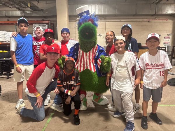 The kids who took part in the All-Star Game's tribute to The Sandlot with the Phillie Phanatic. All of the kids were selected from local baseball and softball teams affiliated with the Phillies organization.