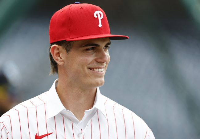 Phillies 2026 top draft pick and shortstop Tyler Spangler at Citizens Bank Park before the Phillies-Yankees game on Friday.