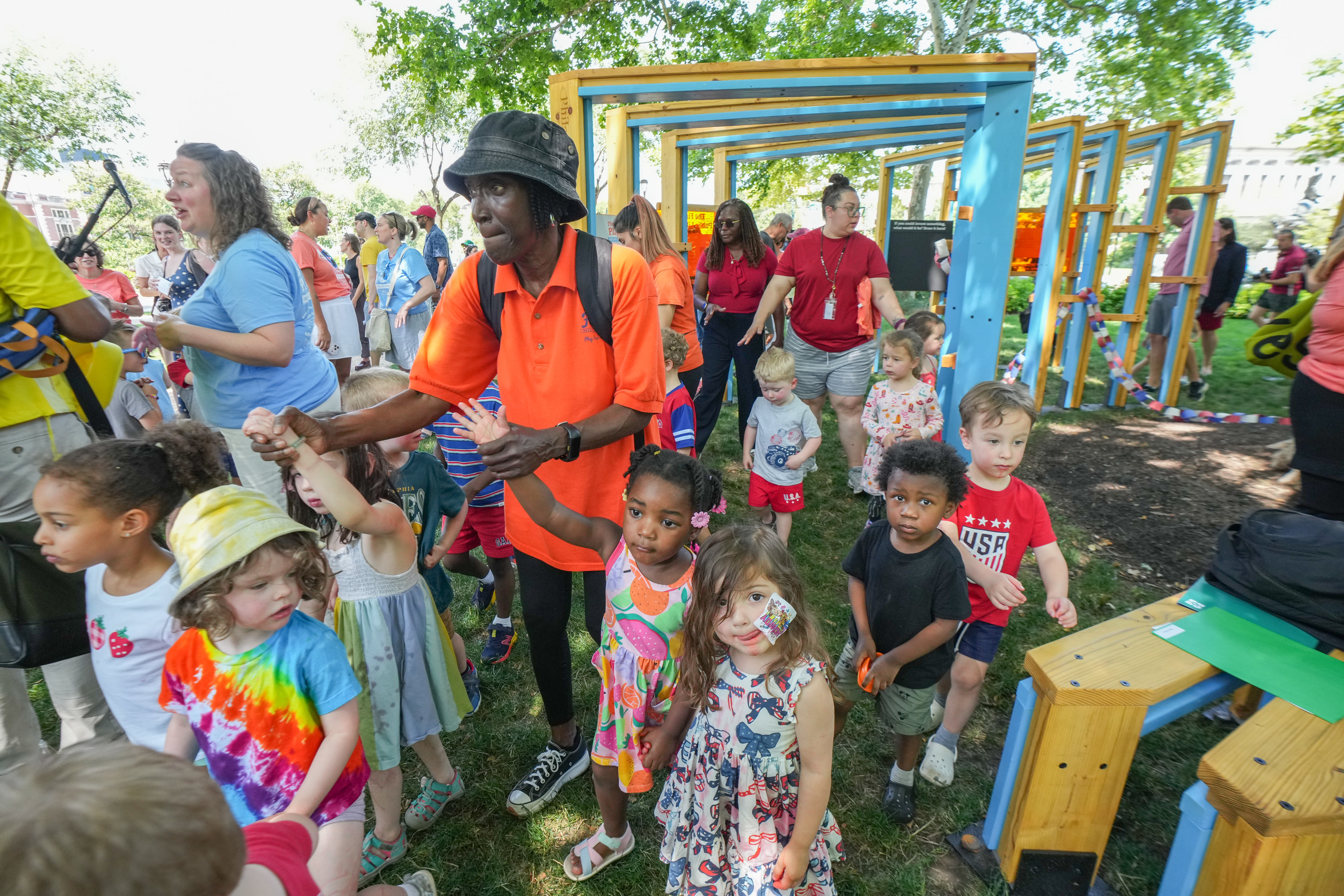 Retired Pre-School teacher Teresa Quillen, who taught at Friends Child Care Center, walks through the new playful learning hub at Sister Cities Park in Philadelphia, June 11, 2026.