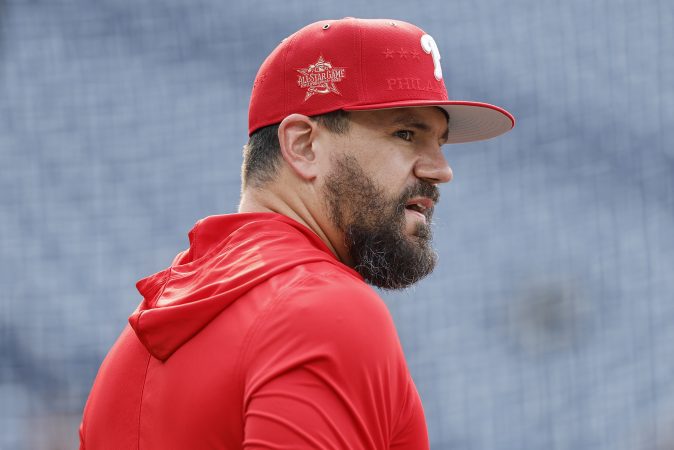 Phillies designated hitter Kyle Schwarber was scheduled to start at first base on Tuesday, but an illness will keep him out.
