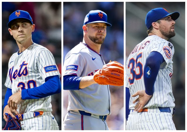 From left: Mets pitchers Luke Weaver, A.J. Minter, and Clay Holmes.