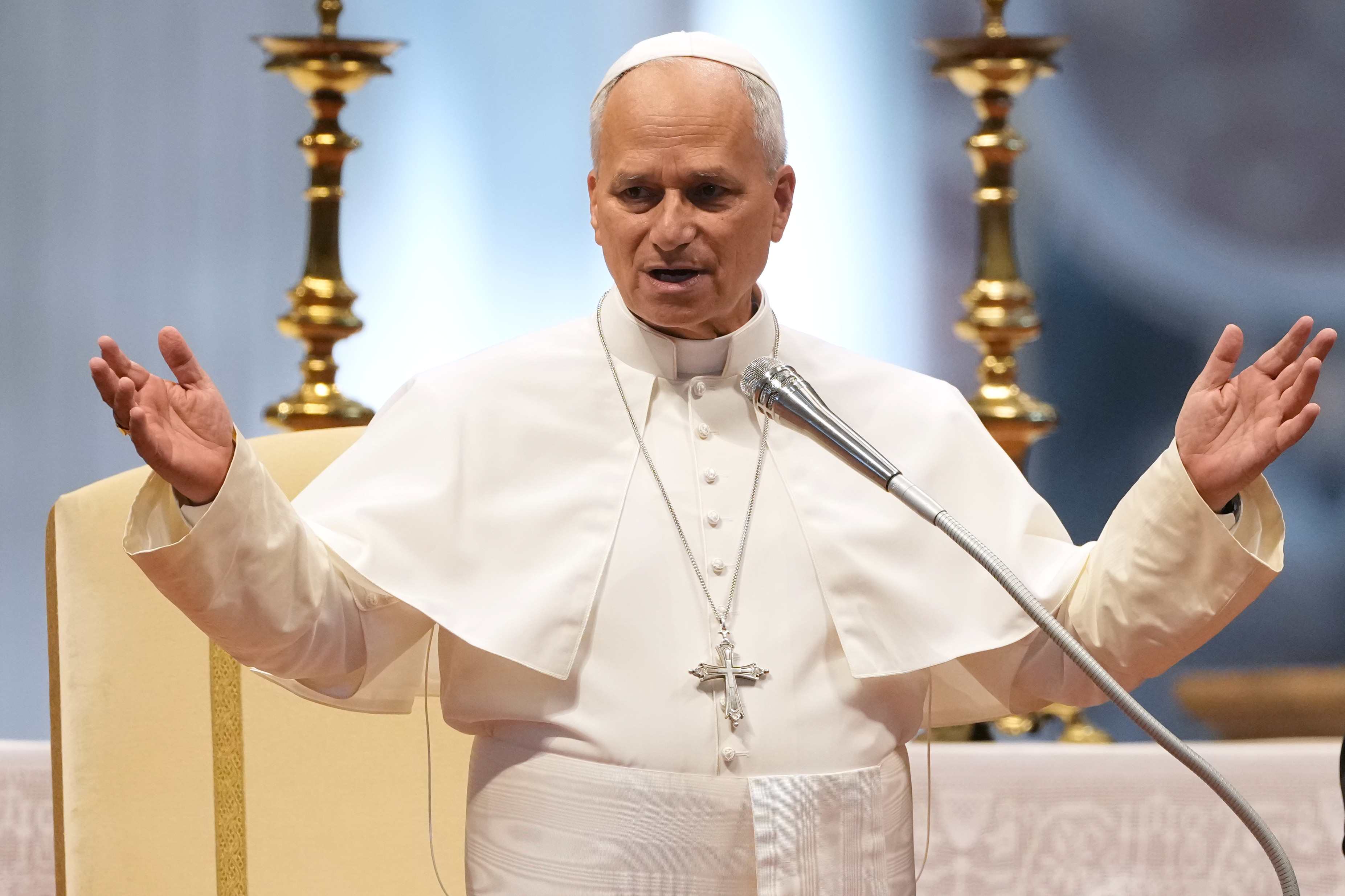 Pope Leo XIV delivers a blessing in St. Peter's Basilica, on the occasion of the weekly general audience at the Vatican.