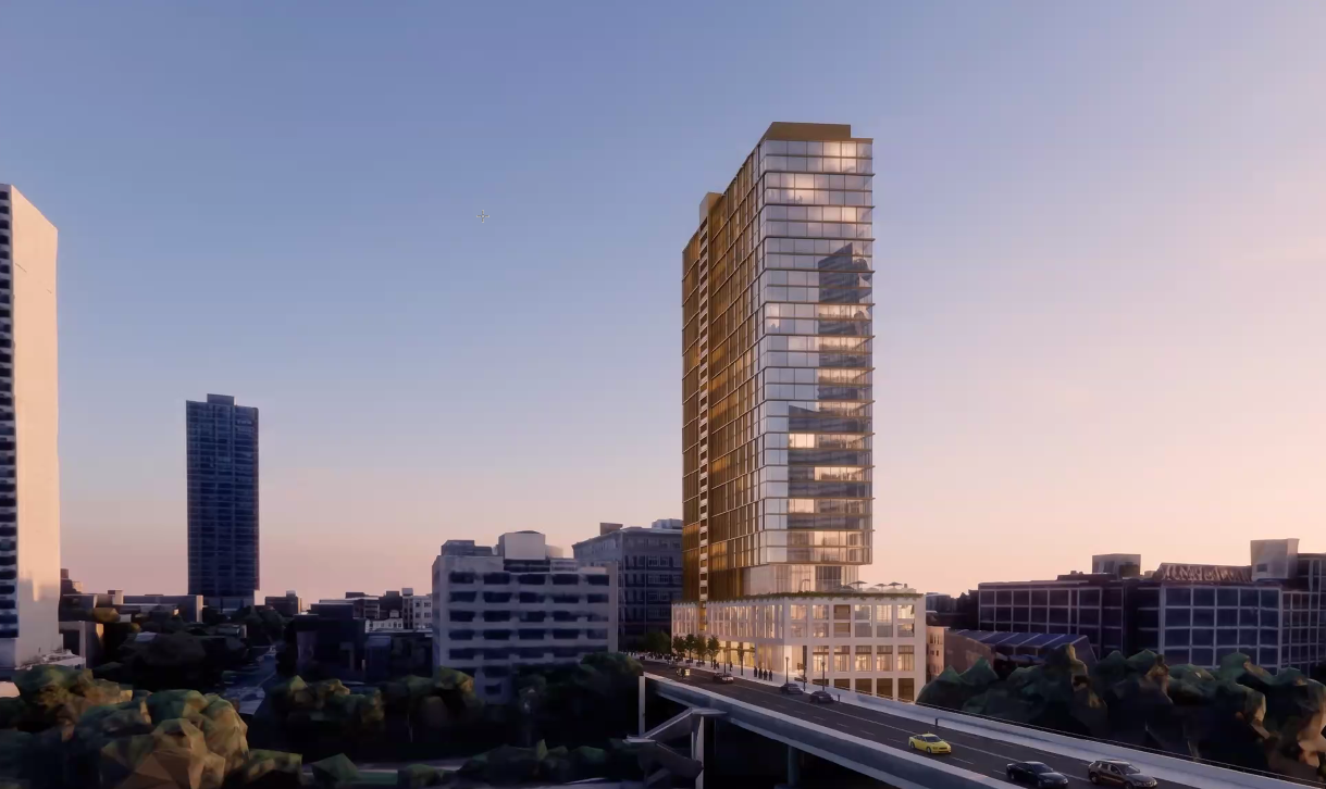 A new high-rise built by PMC Property Group would overlook the Schuylkill from Walnut Street