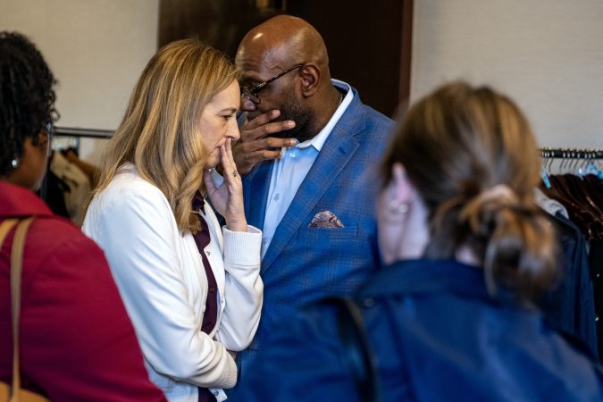 Gov. Mikie Sherrill talks with state Sen. Troy Singleton (D., Burlington) as she arrives to meet with the South Jersey business community for a fireside chat event hosted by the Chamber of Commerce of Southern New Jersey in Mt. Laurel Monday, March 16, 2026.