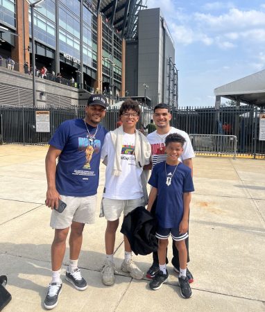 The Meletiche family, including Levi, 9, (bottom right) standing outside Lincoln Financial Field before learning that their World Cup tickets to France vs. Iraq never transferred to their FIFA app. The family was unable to see Kylian Mbappé, Levi's favorite player, make history that day. StubHub has since offered replacement tickets to the family for France's next World Cup game.