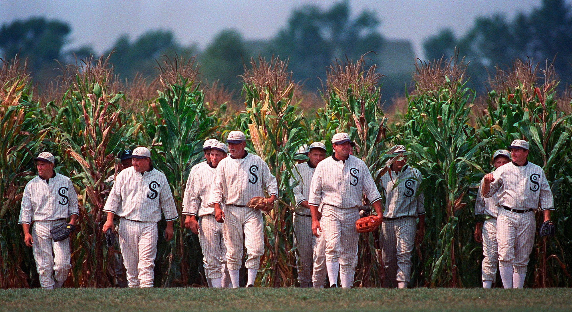 Shoeless Joe Jackson, one of the players represented in this recreation of ghost players emerging from the cornfield at the "Field of Dreams" movie site in Dyersville, Iowa, started his big-league career in Philly.