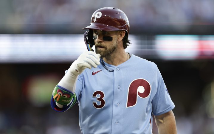 Phillies first baseman Bryce Harper after flying out against the New York Mets on Thursday, June 18, 2026 in Philadelphia.
