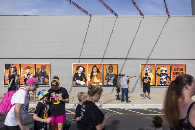 People gathering for the new Spirit Halloween flagship store in Egg Harbor Township, N.J., on Saturday, Aug. 1, 2026.