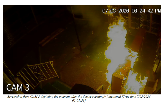 Image from security video of fire started by an incendiary device on July 5 at the Northeast Philadelphia Islamic Center.