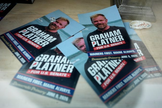 Campaign flyers for former Democratic candidate for U.S. Senate Graham Platner are seen at his headquarters Thursday, July 9, 2026, in Ellsworth, Maine.