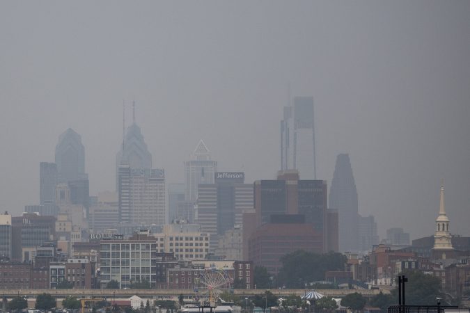 Philadelphia city skyline seen from Camden as the air is filled with smoke from the Canadian wildfires on Friday, July 17, 2026.