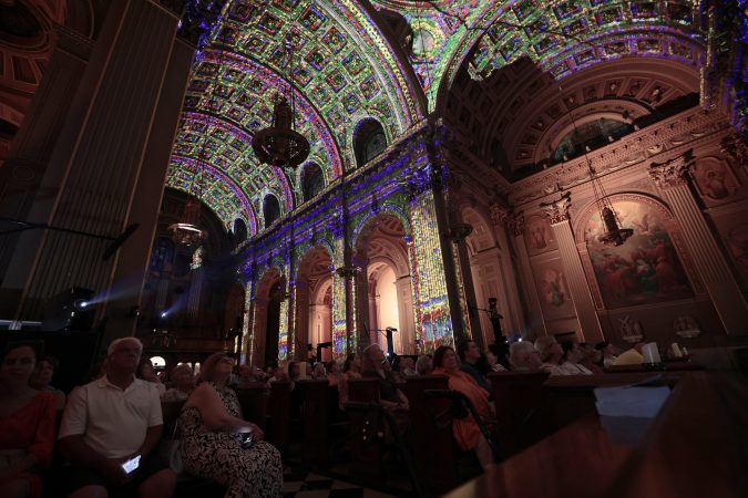 The June 11 performance of "Luminiscence Philadelphia: An Immersive Celebration of Light, Music and Story," illuminates the interior of the Cathedral Basilica of SS. Peter and Paul.