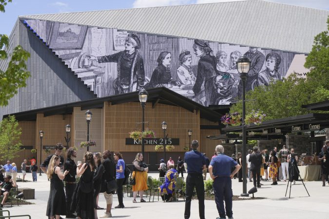 The renovated Highmark Mann has reopened and the vibe is national-park chic. A 195 foot-long digital wall is its new star.
