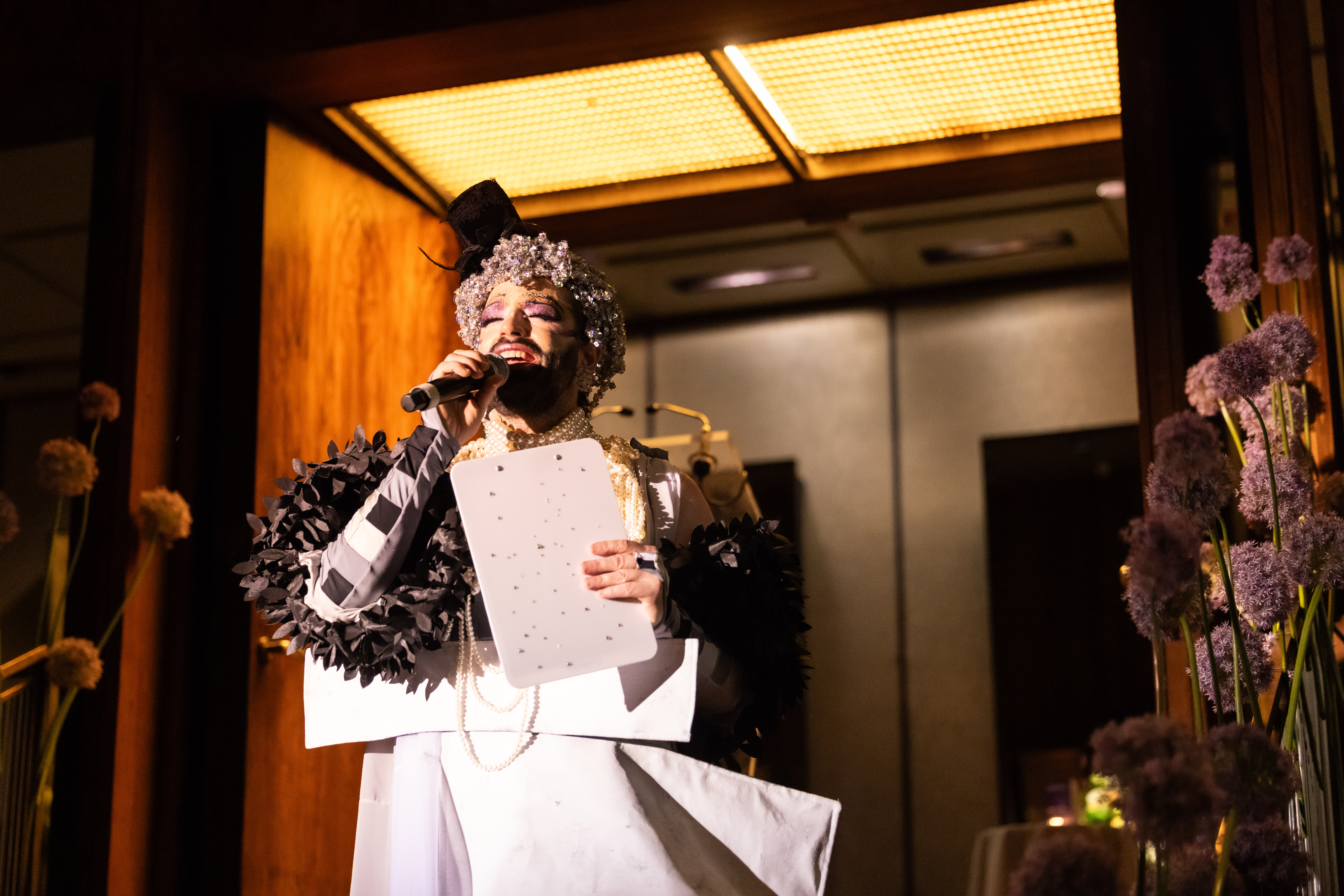 A performer for Bearded Ladies Cabaret, a queer arts organization that partnered with FringeArts for a string of cabaret shows for the 2025 Philadelphia Fringe Festival.
