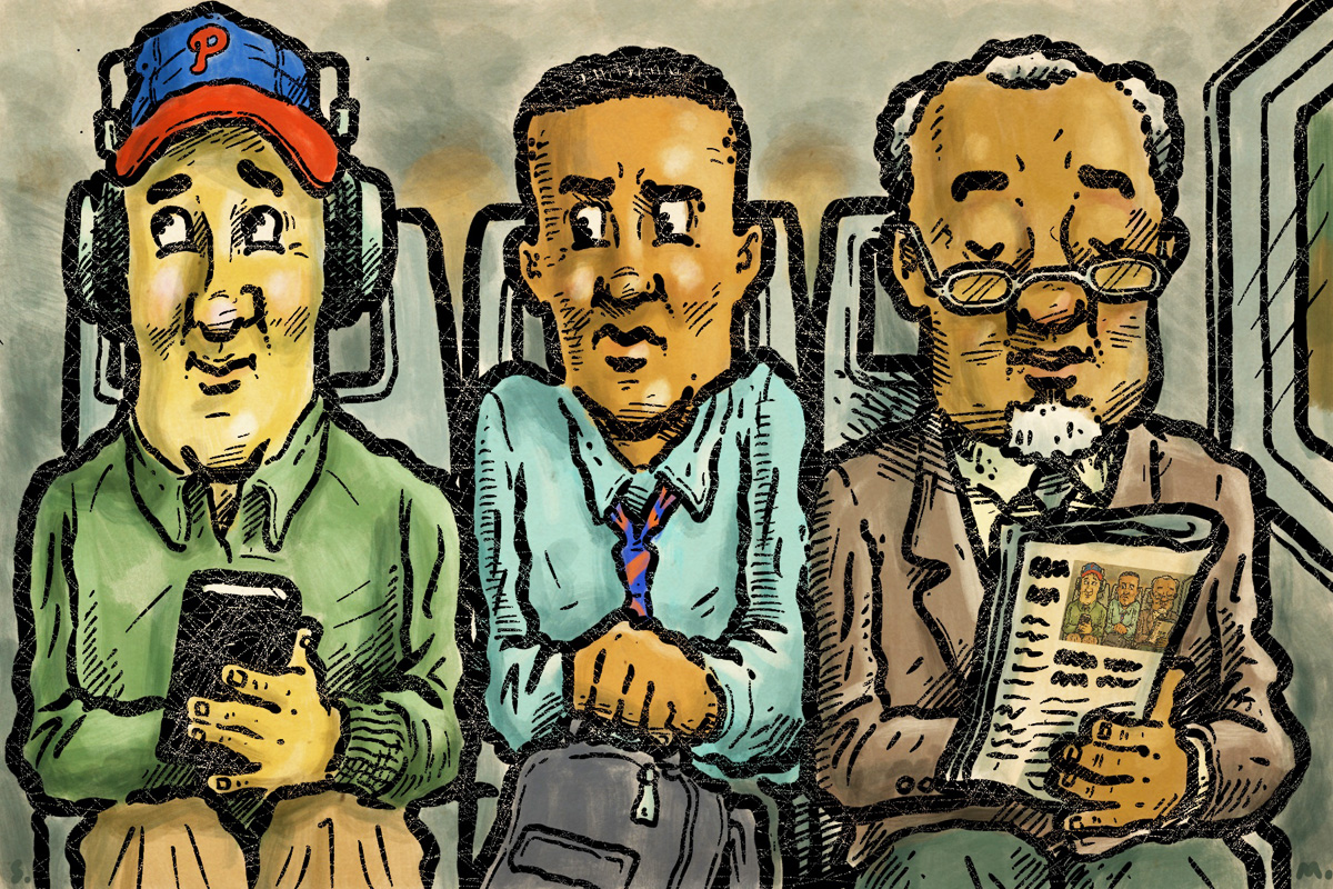 Should I slide to the middle seat on a crowded train or can I stand up and force someone else to take it?
