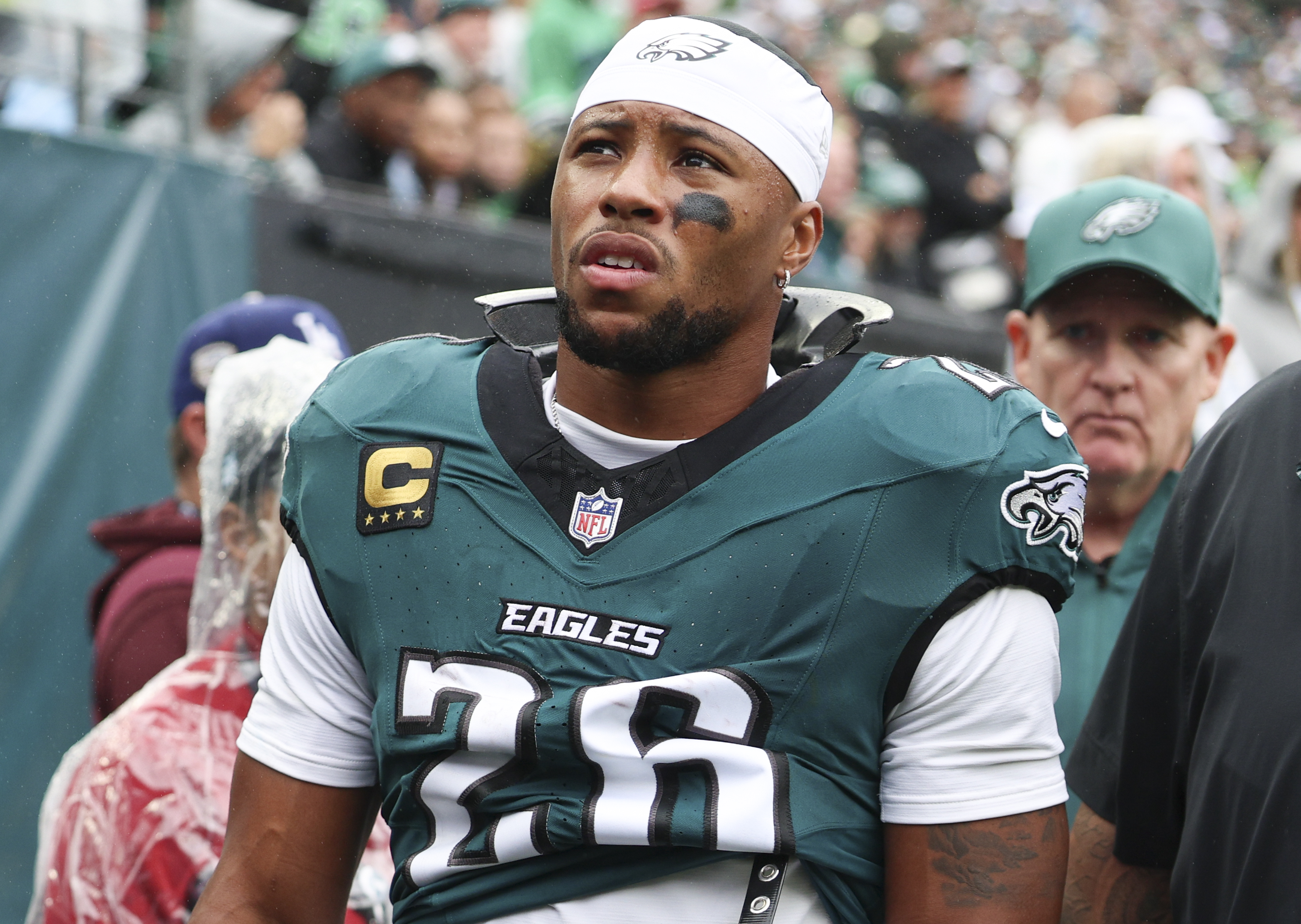 Eagles running back Saquon Barkley was injured in Sunday's loss against the Rams and didn't return to the game.