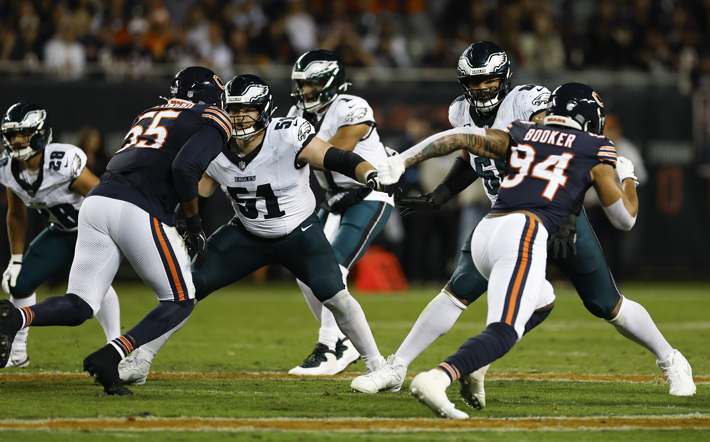 Cam Jurgens (51) has struggled since moving from center to left guard in Week 2.
