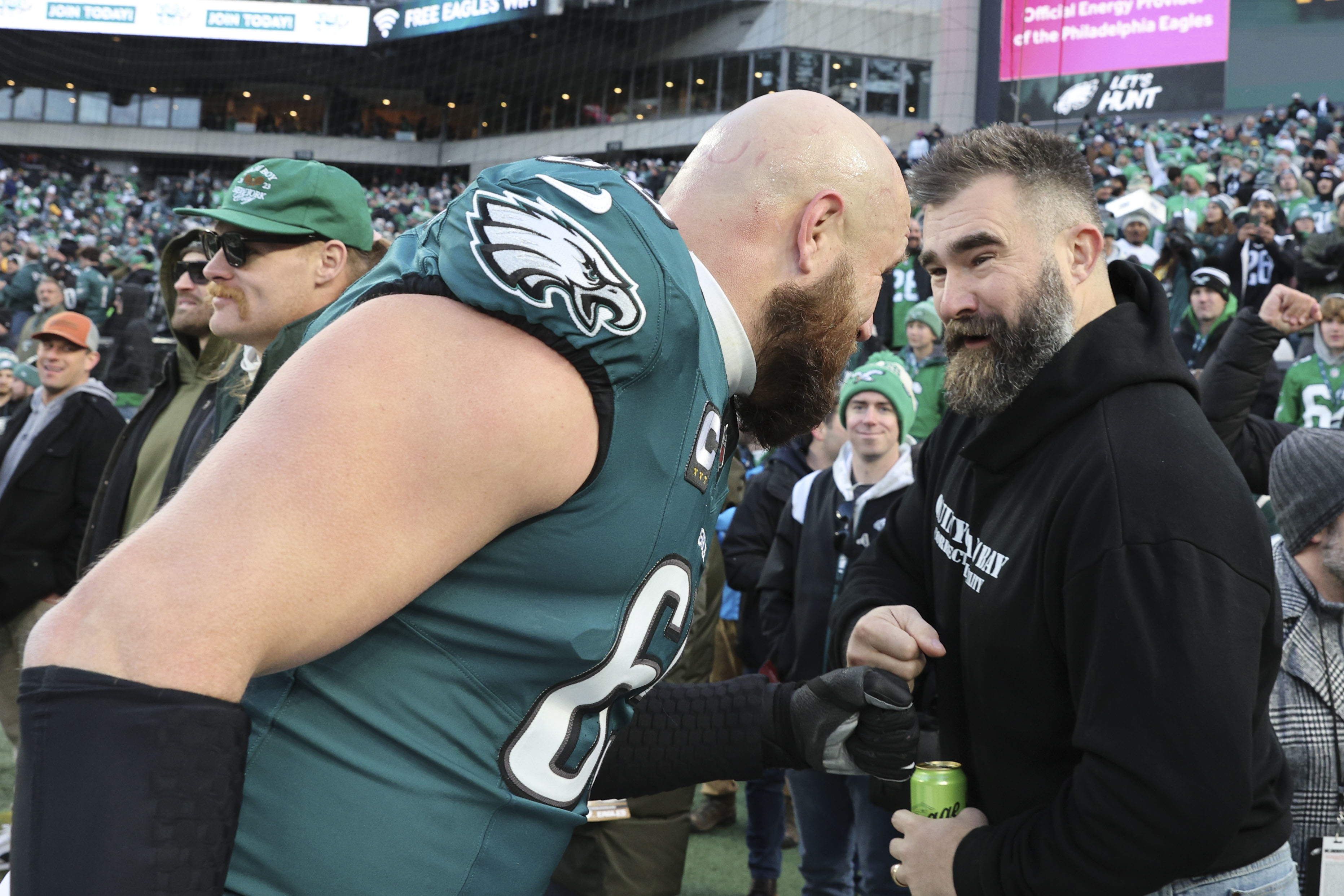 Lane Johnson (left) and Jason Kelce were teammates for 11 seasons in Philly.