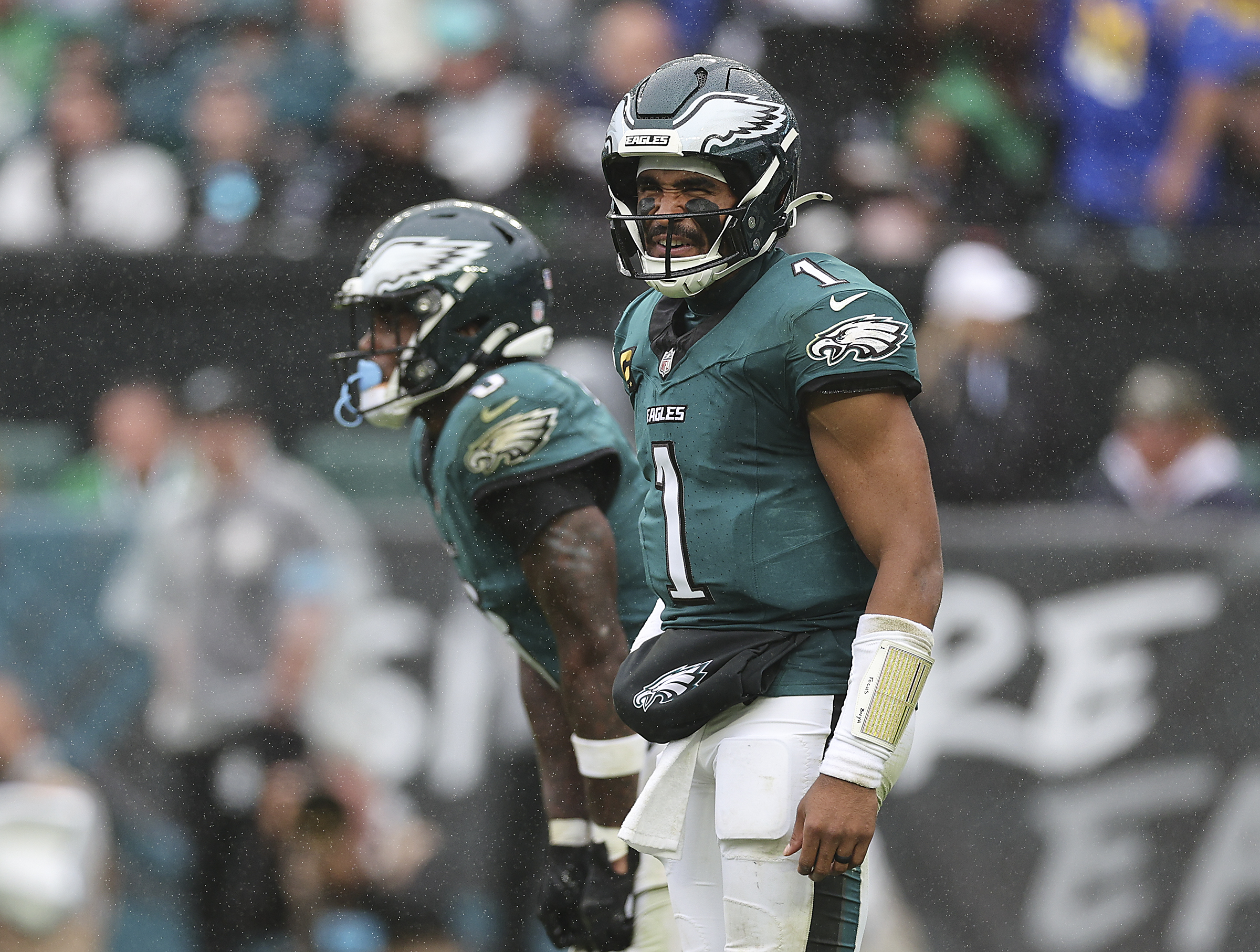 Eagles quarterback Jalen Hurts passed for just 93 yards in a 24-20 loss to the Rams on Sunday.